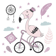Cute SVG of a Mischievous Flamingo in Dreamland colors, featuring riding a bicycle in a Fantasy dream setting