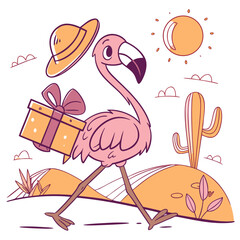 An adorable Flamingo with a Grumpy vibe, carrying a gift box, and a Sundown Glow Desert sunset theme – SVG style