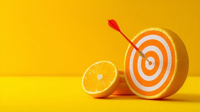 Stack Coins Concept Goal Business Finance or Saving Money, Copy space Orange fruit with circular target marked and dart on yellow background. minimal idea food and fruit concept
