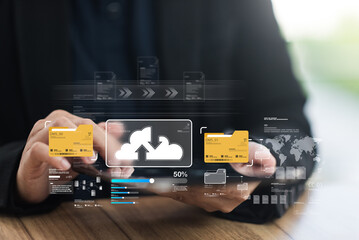 Corporate business utilizes AI document management for cloud backup, archive transfer, file access, tablet integration, resource planning, and company database security