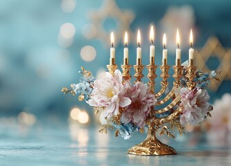 Elegant Glowing Menorah with Floral Base and Star of David – Modern Jewish Art for Hanukkah Decor