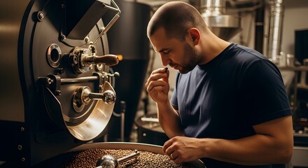 Sensory evaluation of freshly roasted coffee beans by a professional, Roasting coffee:  a male expert examining and evaluating the coffee beans for taste and quality