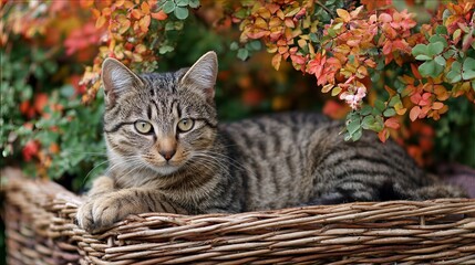 Tabby cat laying on the wicker basket under the autumn bush 