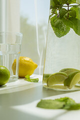 Homemade citrus refreshing summer lemonade drink with lemon, lime and mint in mason jars. Taste of...