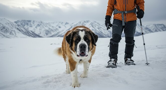 Majestic st bernard dog with owner hiking in winter mountains with snow and cloudy sky