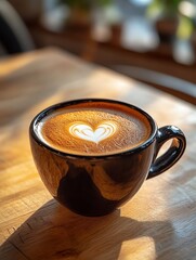 Overhead shot of elegant black coffee cup with heart foam art on soft light wood table