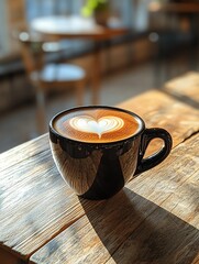 Overhead shot of elegant black coffee cup with heart foam art on soft light wood table