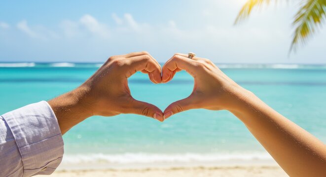 Couple hands making heart shape on tropical beach with blue ocean on sunny summer vacation