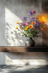 Vibrant wildflowers in a dark vase, sunlit.