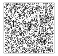 Beautiful blooming flower with butterfly seamless pattern vector outline coloring page for adults