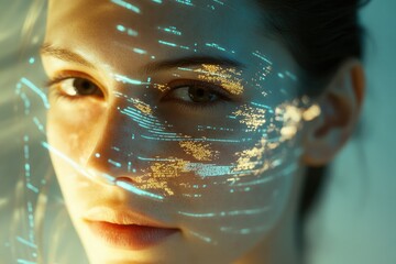 A woman's face is overlaid with a futuristic digital display, showcasing technological integration.