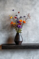 Vibrant wildflowers in a dark vase on a shelf.