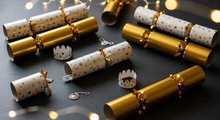 Fototapeta premium A top-down shot of a pleasing composition of clustered Christmas gifts wrapped in complementary gold and white papers, on a soft, blurred white rug.