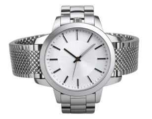 Polished Silver Watch with Mesh Strap, Realistic PNG Isolated