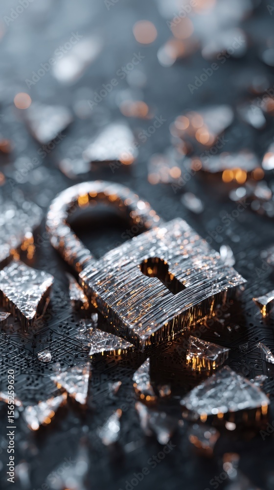 Poster a conceptual image of shattered data icons and a padlock on a digital interface background showcasin