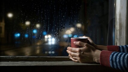 Hands holding hot coffee by rainy window with city lights in background.
