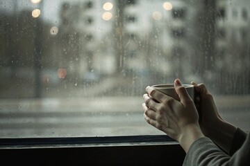 Hands holding hot coffee by rainy window with city lights in background.