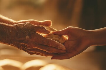 Fototapeta premium Elderly hands gently share a piece of freshly made dough with a younger person, symbolizing tradition and connection.