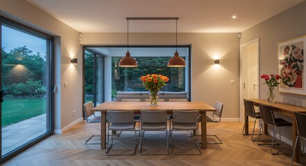 Fototapeta premium Modern Dining Area with Natural Light and Stylish Furniture