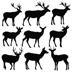Graphic illustration shows assorted deer silhouettes, offering diverse deer shapes for creative designs and holiday elements.