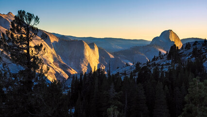 Golden hour illuminating Half Dome in Yosemite National Park