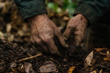 Close-up of dirty hands working rich soil, cultivating earth and nature.