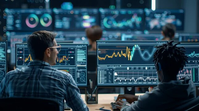 Team of Professional Computer Data Science Engineers Analyzing Complex Neural Networks, Statistical Charts, Infographics, and Real-Time Technical Data on High-Performance Desktops in a Workspace