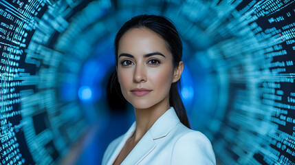 Elegant Woman in Tech: A poised woman stands against a backdrop of flowing blue digital code, symbolizing innovation and technological leadership.