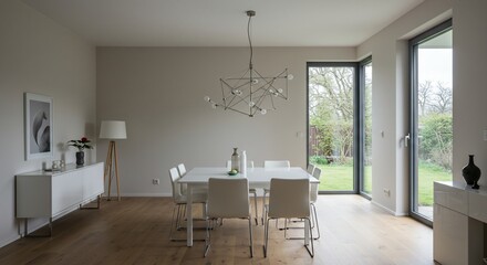 Modern Dining Room with Geometric Chandelier and Natural Light from Large Window