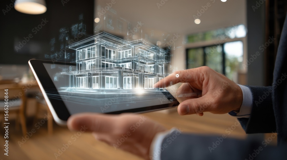 Poster focused real estate agent utilizes cuttingedge technology to display a virtual building model on a t