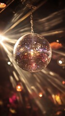 Glimmering disco ball reflecting sparkling light streaks in a dimly lit venue setting an energetic mood as partygoers dance and celebrate under a kaleidoscope of shimmering rays.