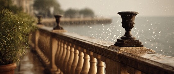 Rain cascading on waterside balustrade