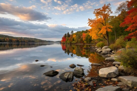 The Algonquin Provincial Park, Canada with reflections of autumn trees in a lake