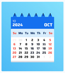 October 2024 calendar. Blue calendar portrait. 2024 Weekend at sunday and saturday. Design layout. Date of monthly calendar oct 2024. Vector illustration.

