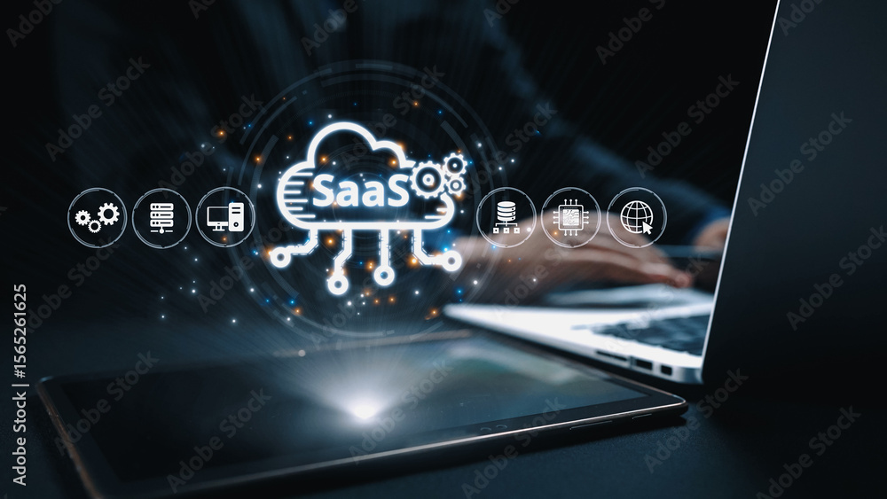 Poster visual representation of saas showing infrastructure, saas deployment, saas platform features, and s