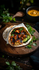 This breakfast showcases a burrito packed with savory grilled chicken, vibrant vegetables, and aromatic herbs, perfect for a satisfying morning meal