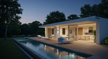 Fototapeta premium Modern home exterior with pool and deck at dusk, illuminated interior