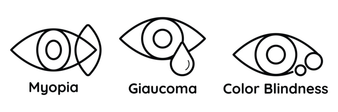Vision problem icon set showing myopia glaucoma color blindness symptoms in simple line style for medical and health awareness vector.