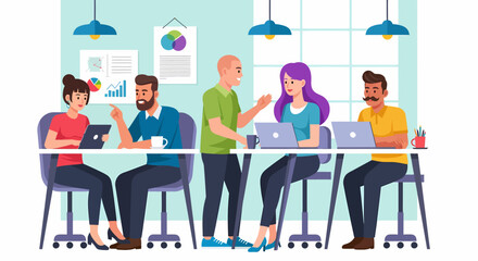 Diverse team collaborating around a table with laptops and data charts.