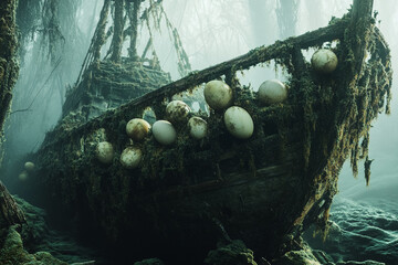 Cinematic scene of an ancient shipwreck, covered in moss and vines, surrounded by giant oval spores, in a fantasy setting