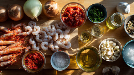 Fresh shrimp, spices, and vegetables arranged beautifully