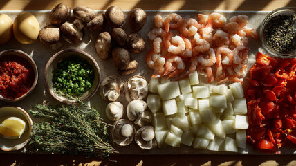 Fresh ingredients for delicious dish, including shrimp, mushrooms