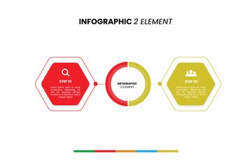 Infographic template with 2 elements. hexagons, connected by a central ring. Ideal for illustrating two-step processes, comparisons, or dual concepts. Clean, modern