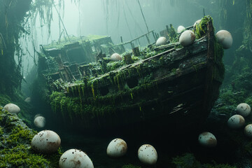 Cinematic scene of an ancient shipwreck, covered in moss and vines, surrounded by giant oval spores, in a fantasy setting