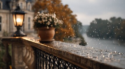 Rainy Parisian Balcony with Glowing Lantern