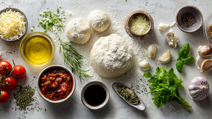 Fresh ingredients for pizza preparation, including dough, herbs