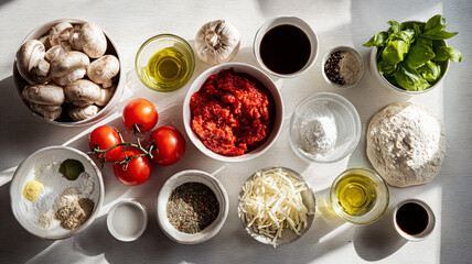 Fresh ingredients arranged for pizza preparation, showcasing