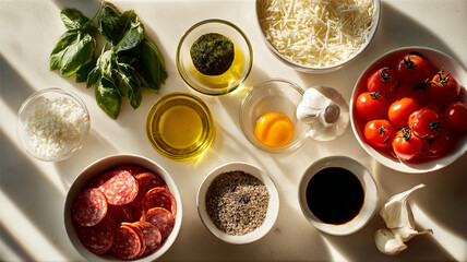 Fresh ingredients arranged for pizza preparation