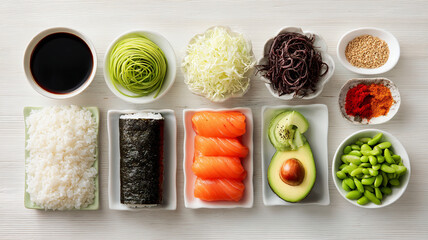 Fresh sushi ingredients arranged beautifully for preparation