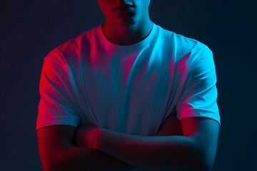 Torso of a young man in a white t-shirt with arms crossed, lit with red and blue